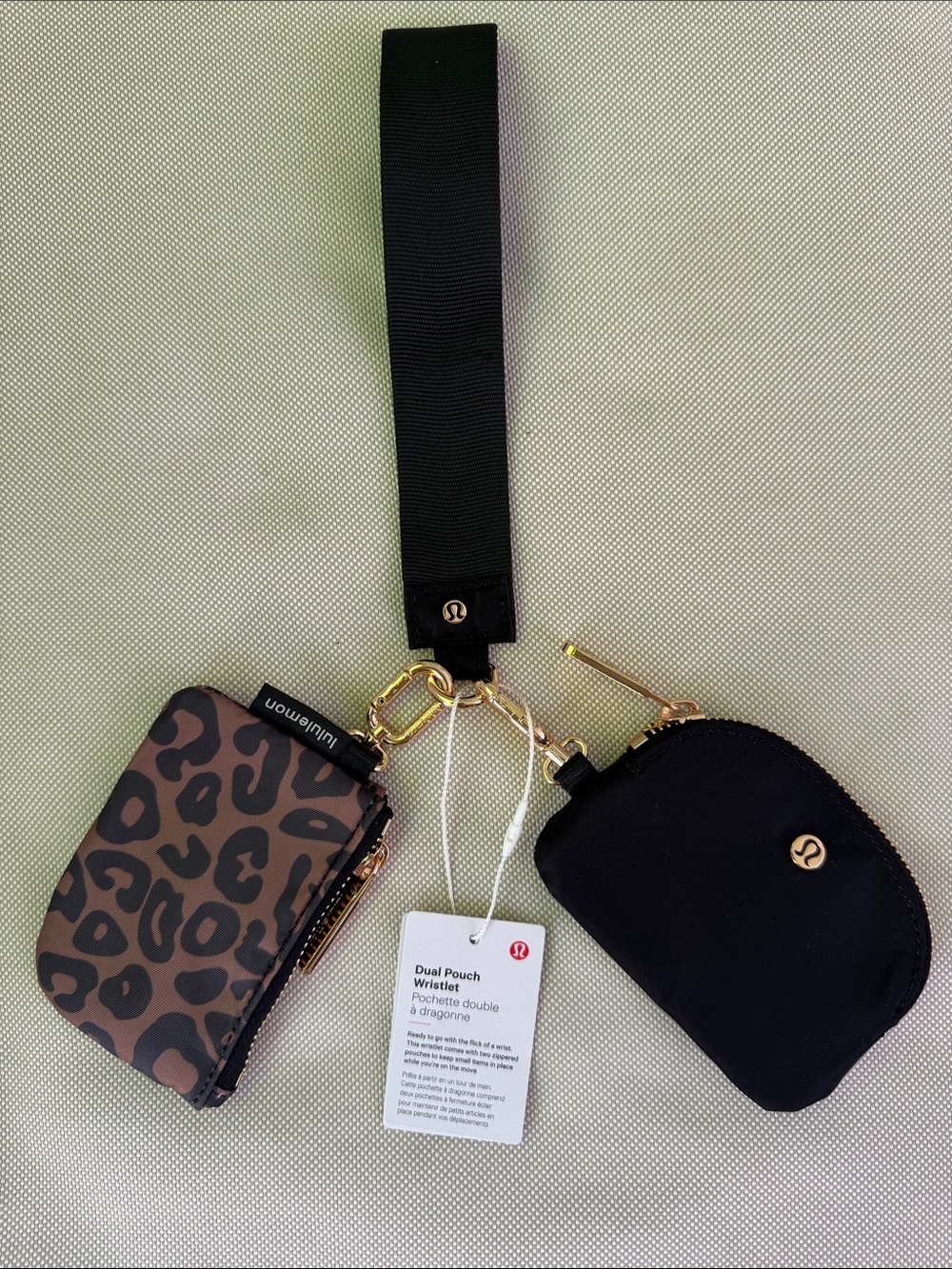 lululemon athletica Black & Brown Leopard Dual Pouch Wristlet with Gold Hardware
